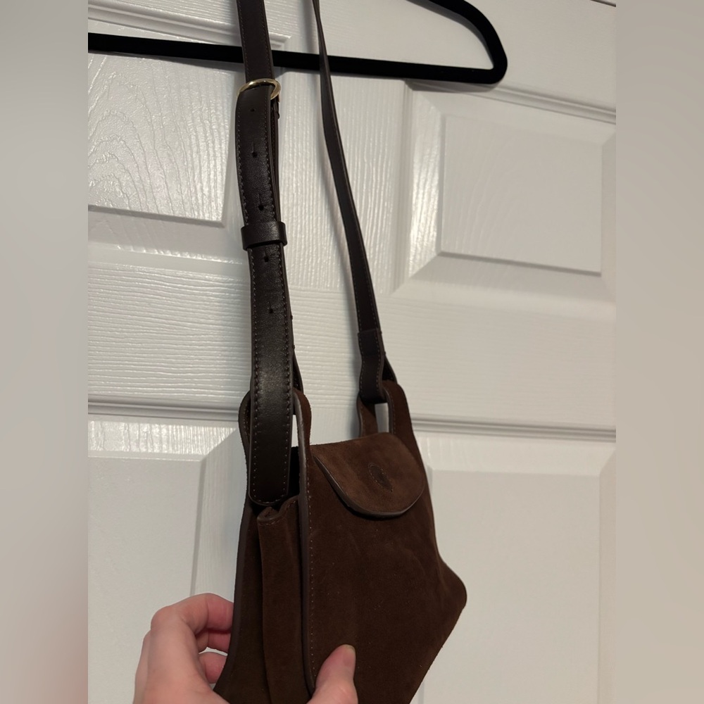 Cuyana Mini Double Loop Suede Crossbody Bag Chocolate Brown - Picture 4 of 12